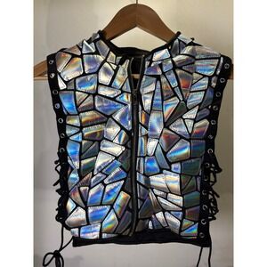 Holographic Silver Mosaic Rave Vest Lace Up Side Festival Crop Top Womens Medium